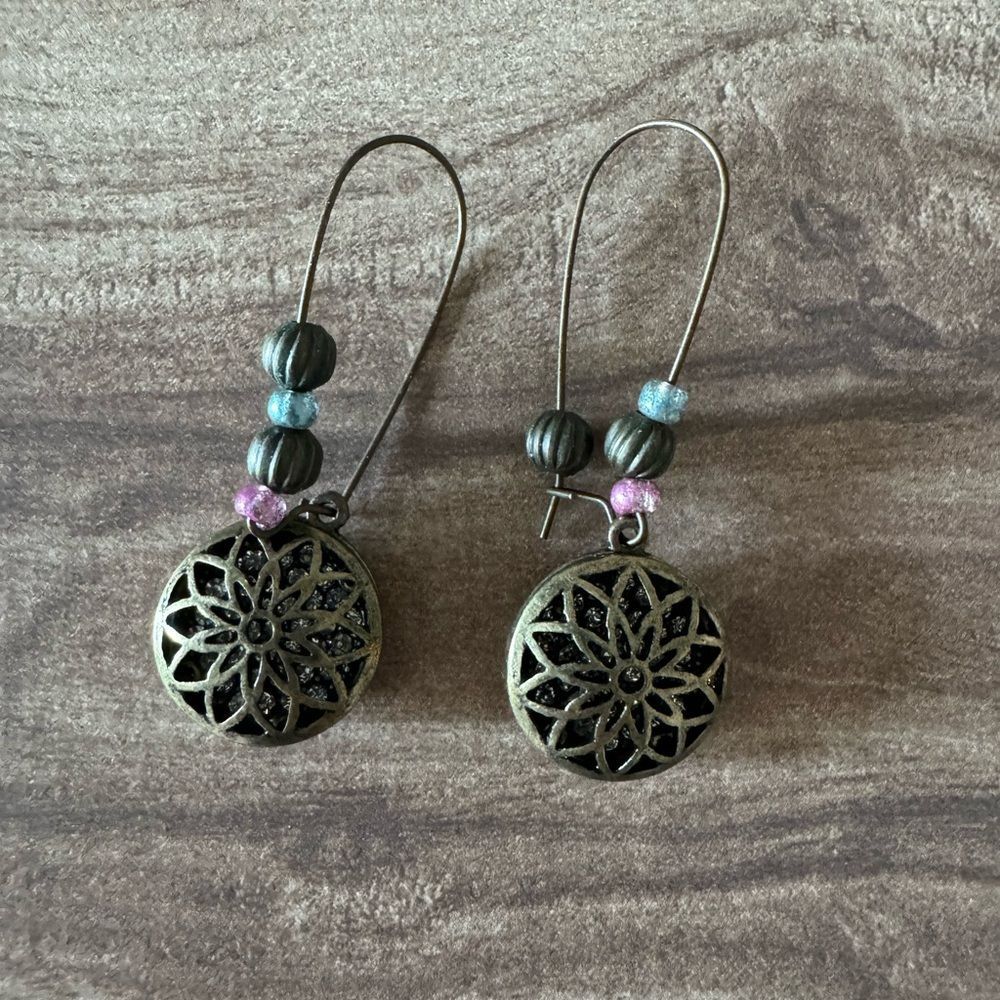 Antique Gold Toned Boho Mandala Earrings floral Hippie Festival